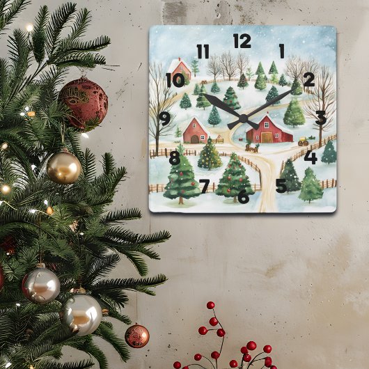 モミの木素朴が植えられた水彩冬の風景 スクエア壁時計