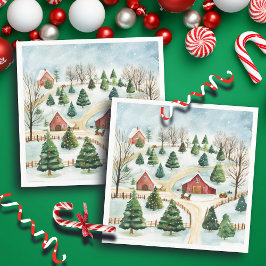 モミの木素朴が植えられた水彩冬の風景 スタンダードカクテルナプキン