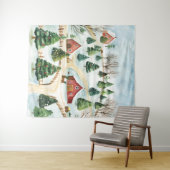 モミの木素朴が植えられた水彩冬の風景 タペストリー (インサイチュ(横))