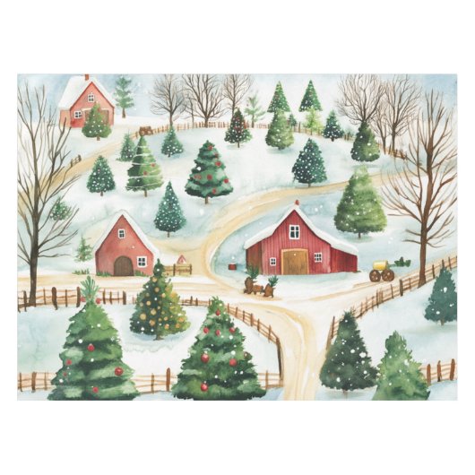 モミの木素朴が植えられた水彩冬の風景 テーブルクロス (正面(横))