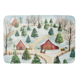 モミの木素朴が植えられた水彩冬の風景 バスマット