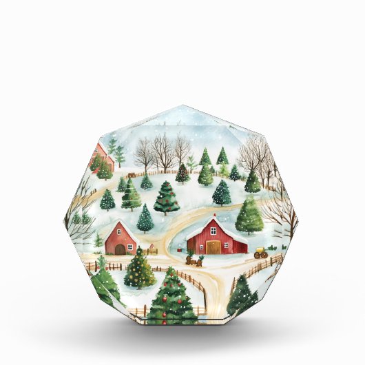 モミの木素朴が植えられた水彩冬の風景 フォトブロック (正面)