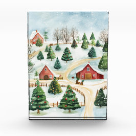 モミの木素朴が植えられた水彩冬の風景 フォトブロック