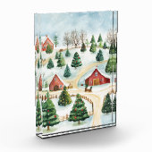 モミの木素朴が植えられた水彩冬の風景 フォトブロック (左)