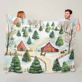 モミの木素朴が植えられた水彩冬の風景 フリースブランケット