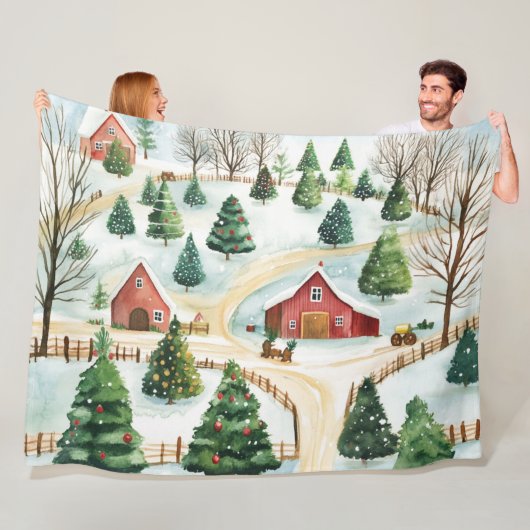 モミの木素朴が植えられた水彩冬の風景 フリースブランケット (インサイチュ)