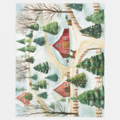 モミの木素朴が植えられた水彩冬の風景 フリースブランケット (正面)