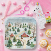 モミの木素朴が植えられた水彩冬の風景 ペーパープレート (パーティー)