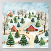 モミの木素朴が植えられた水彩冬の風景 ポスター (正面)