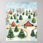 モミの木素朴が植えられた水彩冬の風景 ポスター (正面)
