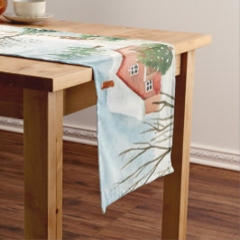 モミの木素朴が植えられた水彩冬の風景 ミディアムテーブルランナー