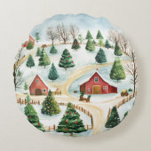 モミの木素朴が植えられた水彩冬の風景 ラウンドクッション (正面)