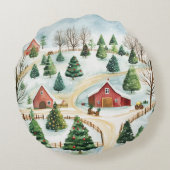 モミの木素朴が植えられた水彩冬の風景 ラウンドクッション (裏面)