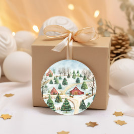 モミの木素朴が植えられた水彩冬の風景 ラウンドシール