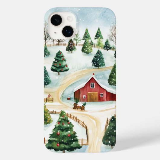 モミの木素朴が植えられた水彩冬の風景 Case-Mate iPhoneケース (裏面)