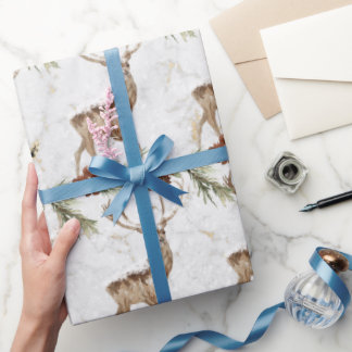 モミの枝とピネコンのかわいいトナカイ模様 ラッピングペーパー