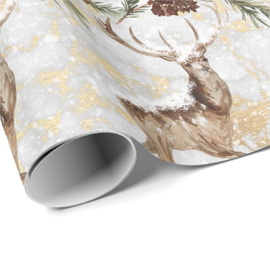 モミの枝とピネコンのかわいいトナカイ模様 ラッピングペーパー (ロールコーナー)