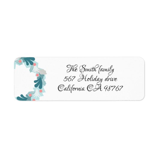 モミの枝の青と灰色のリースがアドレスを返す ラベル (正面)