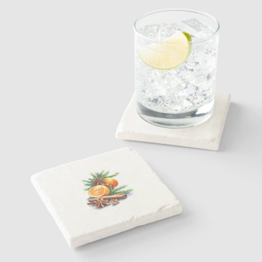 モミの横にクローブとシナモンを付けたミカン離れ ストーンコースター (横)