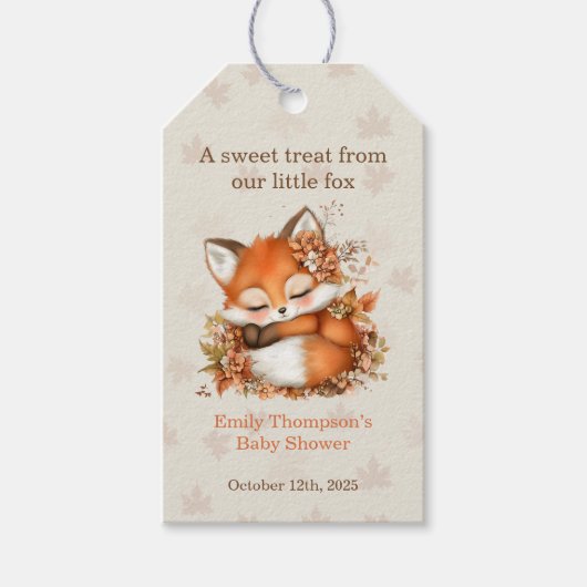 モミジの季節のフクロfoxのベイビーシャワー ウッドランドパーティー ギフトタグ (正面)
