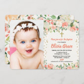 モモおよびクリームの花の洗礼の女の子の写真 招待状 (正面/裏面)