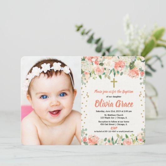 モモおよびクリームの花の洗礼の女の子の写真 招待状 (スタンド正面)