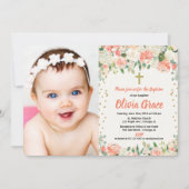 モモおよびクリームの花の洗礼の女の子の写真 招待状 (正面)