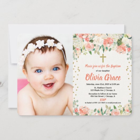 モモおよびクリームの花の洗礼の女の子の写真 招待状 (正面)
