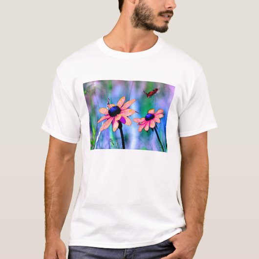 モモおよびピンクの花 Tシャツ (正面)