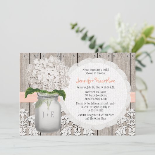 モモおよび白いアジサイのメーソンジャーのブライダルシャワー 招待状 (スタンド正面)