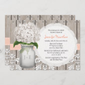 モモおよび白いアジサイのメーソンジャーのブライダルシャワー 招待状 (正面/裏面)