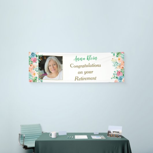 モモおよび緑の花の写真の退職の旗 横断幕 (トレードショー)