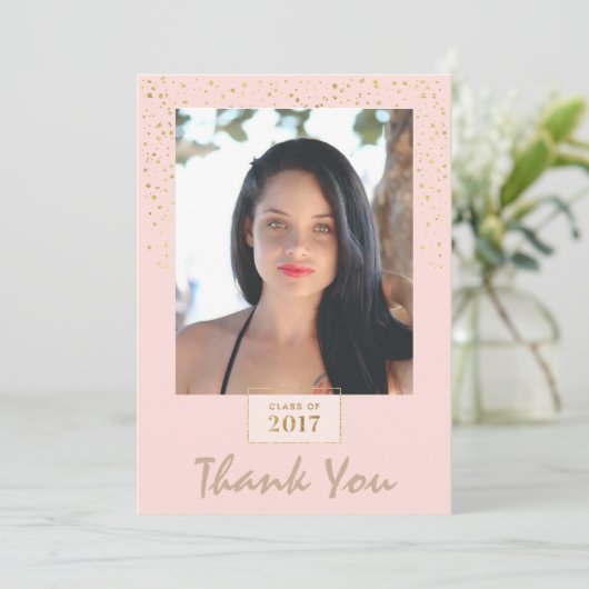 モモおよび金ゴールドのグリッターの写真の卒業は感謝していしています サンキューカード (スタンド正面)
