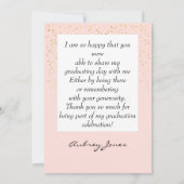 モモおよび金ゴールドのグリッターの写真の卒業は感謝していしています サンキューカード (裏面)