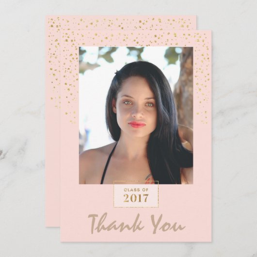 モモおよび金ゴールドのグリッターの写真の卒業は感謝していしています サンキューカード (正面/裏面)