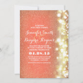 モモおよび金ゴールドのグリッターライト結婚 招待状 (正面)