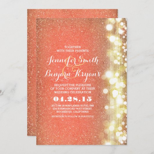モモおよび金ゴールドのグリッターライト結婚 招待状 (正面/裏面)