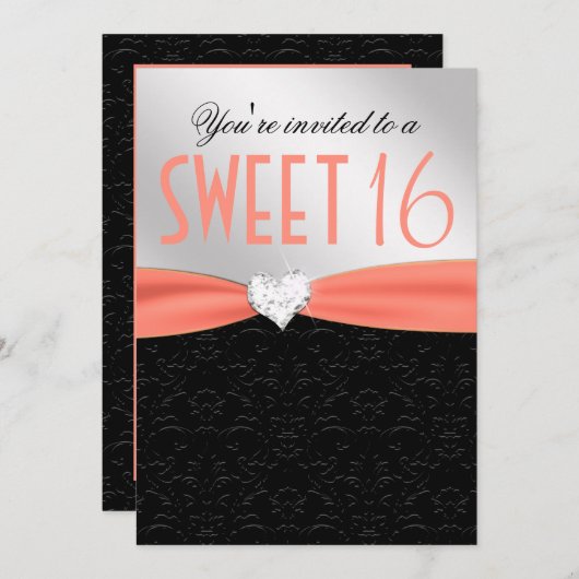 モモおよび黒い花のダマスク織のダイヤモンドのハート 招待状 (正面/裏面)