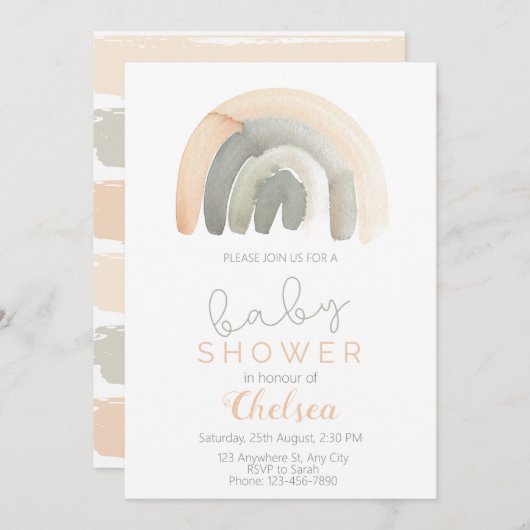 モモとグレーの水色レインボーベビーシャワー 招待状 (正面/裏面)
