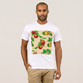 モモと洋ナシのフルーツパターン ラスティックな植物調 Tシャツ (正面フル)