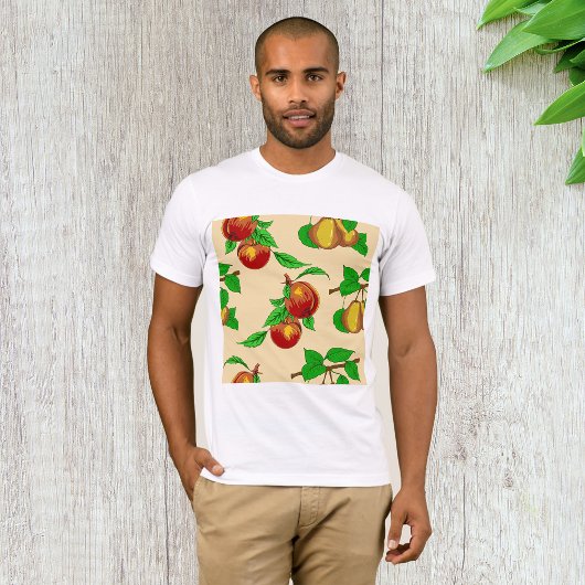 モモと洋ナシのフルーツパターン ラスティックな植物調 Tシャツ