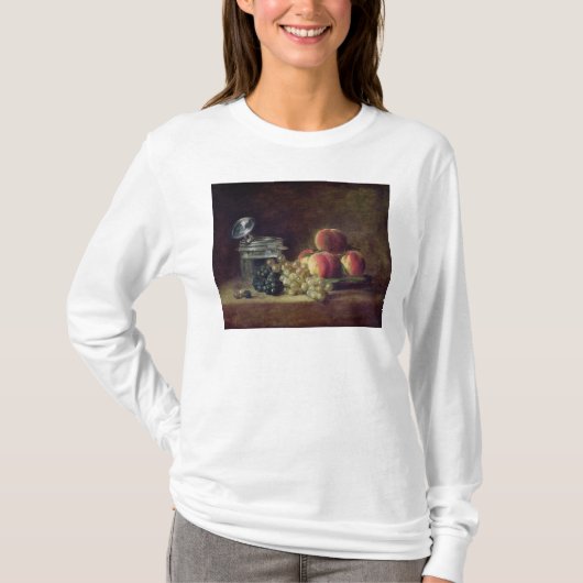 モモのバスケットが付いている静物画 Tシャツ (正面)