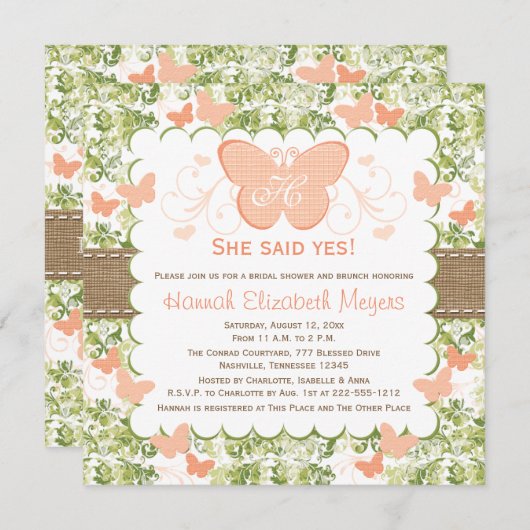 モモのバーラップの蝶ブライダルシャワー招待状 招待状 (正面/裏面)