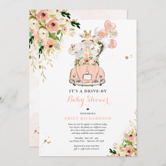 モモのフローラサファリ動物がベビーシャワーで運転 招待状 (正面/裏面)