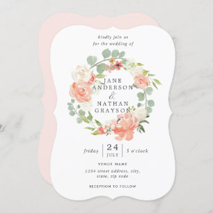 モモの水彩画の花のリースの結婚式招待状 招待状