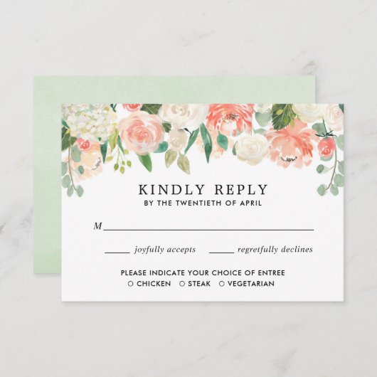モモの珊瑚の緑の草木の夏の春の花柄RSVP エンクロージャーカード (正面/裏面)