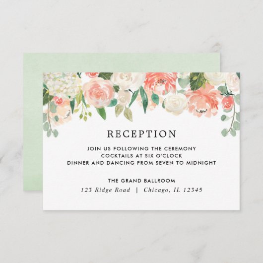 モモの珊瑚の緑の草木の夏の花柄の披露宴 エンクロージャーカード (正面/裏面)