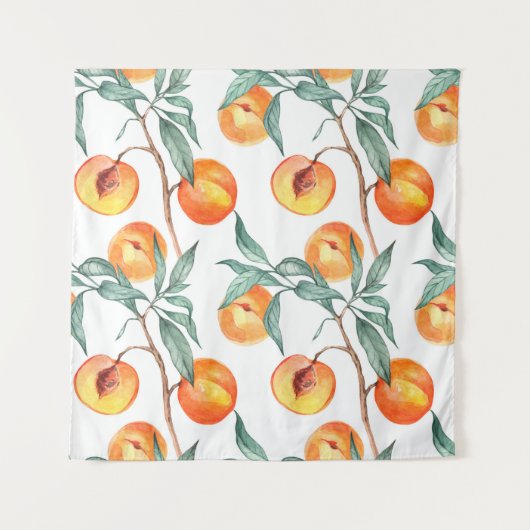 モモの生えたシームレスな水彩模様 タペストリー (正面)