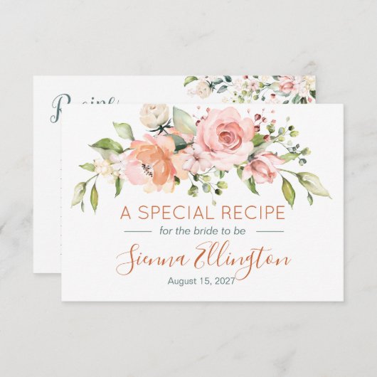 モモの花柄及び緑の草木のブライダルシャワーのレシピ エンクロージャーカード (正面/裏面)