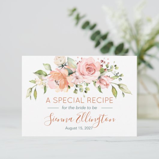モモの花柄及び緑の草木のブライダルシャワーのレシピ エンクロージャーカード (スタンド正面)